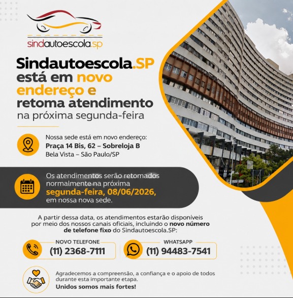 Sindautoescola.SP está em novo endereço e retoma atendimento em 08 de junho